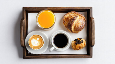 Breakfast tray with juice, coffee, and a pastry, overhead view isolated on a white backgroundの素材