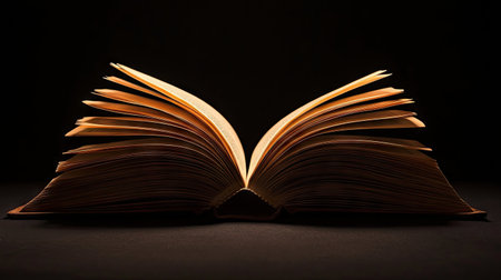 Blank pages of an open book with soft ambient light, set against a solid black backgroundの素材
