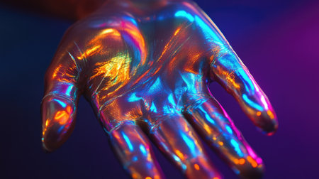 Close-up of a delicate silver hand glowing with holographic shine in bold neon lightingの素材
