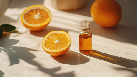 Close-up of fresh orange and glass bottle of essential oil, captured with soft lighting on a light surfaceの素材