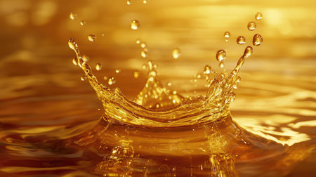 Close-up of golden oily liquid exploding in a splash with droplets flying outward, vibrant and glossy backgroundの素材