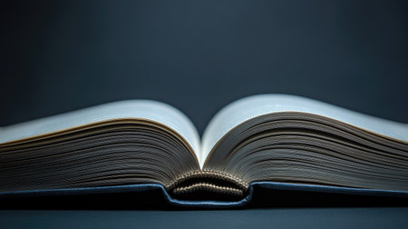 Close-up shot of blank pages in an open book, isolated on a dark matte background for a dramatic effectの素材