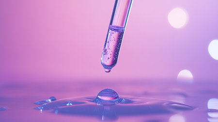 Cosmetic pipette held above surface with droplet forming, illuminated by soft lightの素材