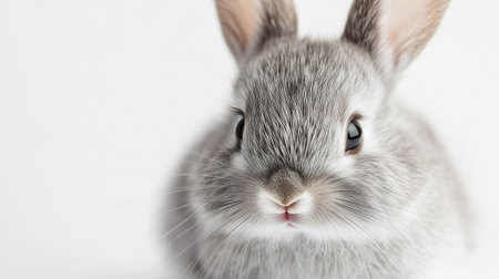 Close-up shot of a tiny bunny's face with whiskers and soft fur, isolated on white backdropの素材