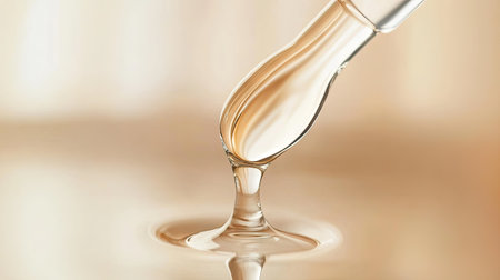 Close-up of pipette with glossy facial serum drop, reflected softly on pale backgroundの素材
