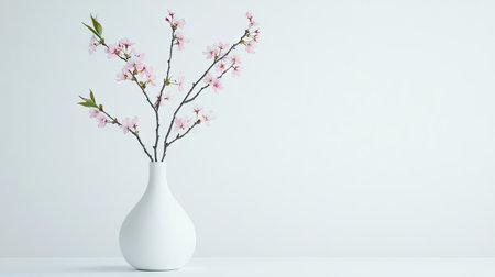 Close-up of pink cherry branch with blooming flowers standing in a minimal white vase on white backgroundの素材
