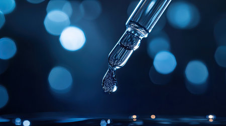 Cosmetic pipette held above surface with droplet forming, illuminated by soft lightの素材