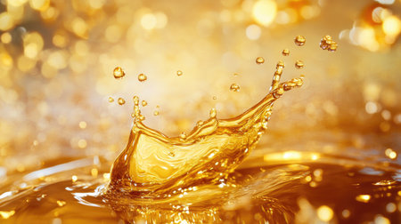 Close-up of golden oily liquid exploding in a splash with droplets flying outward, vibrant and glossy backgroundの素材