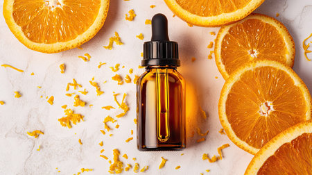 Dropper bottle of orange oil with scattered zest and a sliced orange, bright flat lay on light backgroundの素材