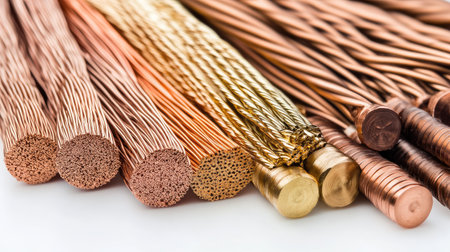 Close-up of various stranded copper wire types neatly arranged side by side on a clean white backgroundの素材