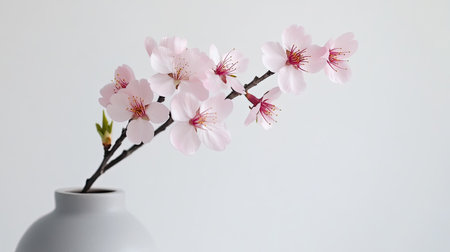 Delicate pink cherry blossoms blooming on a single branch in a modern vase, centered on white backgroundの素材