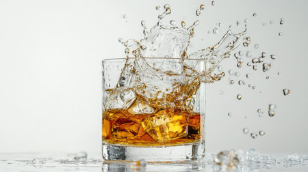 Close-up of whiskey splashing up in a tumbler glass with ice, sharp detail on a clean white backdropの素材