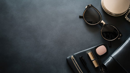 Fashion accessories including sunglasses, clutch, and cosmetics laid out on matte black surfaceの素材
