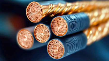Cross-section of stranded copper cable showing inner conductor strands and outer insulation layersの素材