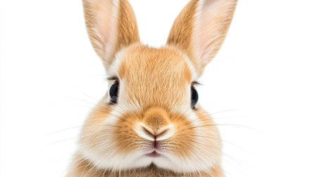 Close-up shot of a tiny bunny's face with whiskers and soft fur, isolated on white backdropの素材