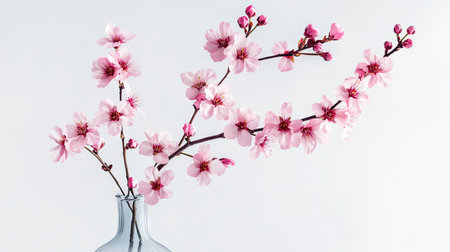 Delicate pink cherry blossoms blooming on a single branch in a modern vase, centered on white backgroundの素材