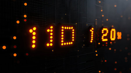 Digital countdown clock with orange LED lights showing time remaining, centered on black backgroundの素材