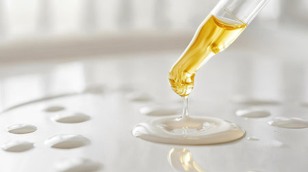 Dripping cosmetic pipette with glossy serum, close-up view with soft highlights on white surfaceの素材