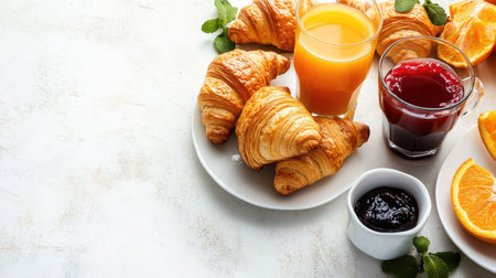 Continental breakfast with croissants, orange juice, jam, and coffee, arranged on a white surfaceの素材
