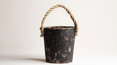 Dark burned birch bucket with coarse jute rope handle, isolated on bright studio backdropの素材