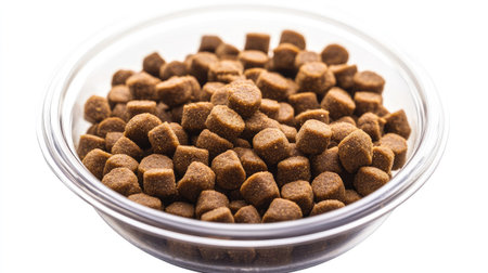 Close-up of textured dry pet food inside a plastic bowl, sharply isolated against white backgroundの素材