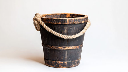Dark burned birch bucket with coarse jute rope handle, isolated on bright studio backdropの素材