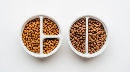 Dry food for cats in a divided feeding bowl, isolated on a white surface with clear contrastの素材