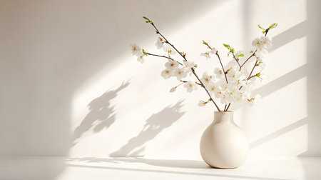Floral arrangement of blooming cherry branch in a neutral-toned vase, isolated on bright white surfaceの素材