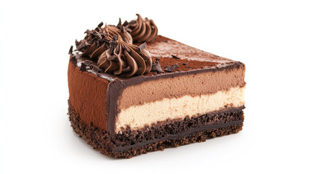 Decadent triple chocolate cheesecake with rich layers, isolated on a bright white backgroundの素材