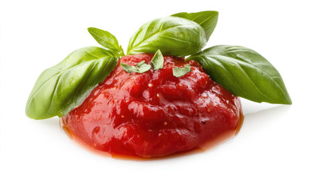 Dollop of tomato sauce with visible basil and oregano flecks, isolated on whiteの素材