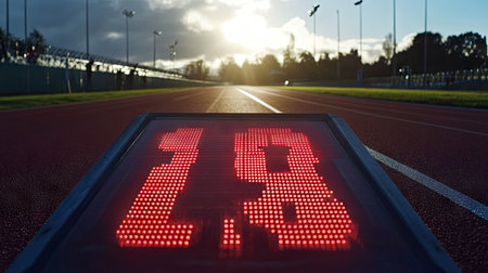 Digital race timer display with bold red numbers ticking down at an outdoor track eventの素材