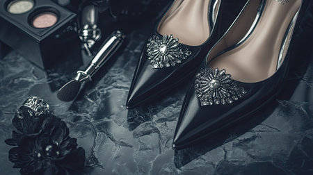 Elegant leather shoes paired with silver jewelry and cosmetics on textured dark surfaceの素材