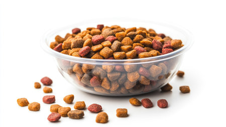 Dry cat food in a plastic bowl, isolated on white background with a few scattered pieces aroundの素材