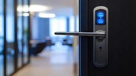 Detailed shot of digital door lock with LED display on metal door in an office settingの素材
