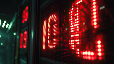 Digital scoreboard timer for a boxing match, red numbers flashing with intensity in dim lightingの素材