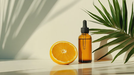 Freshly cut orange and herbal oil bottle styled in a minimal, airy composition on a pale surfaceの素材