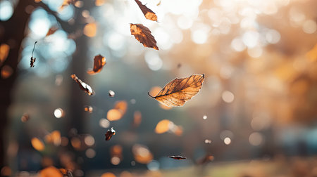 Dry leaves in flight, captured with shallow depth of field and bokeh backgroundの素材