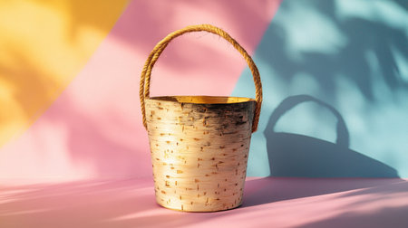 Eco-friendly birch bucket with charred design and natural fiber handles, set on pastel surfaceの素材