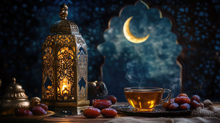 Elegant golden lantern on a table surrounded by dates and tea, with a crescent moon visible through an open windowの素材