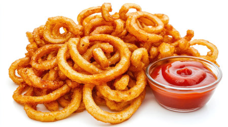 Curly fries spiraled into a pile with a ketchup dipping bowl beside them, isolated on whiteの素材
