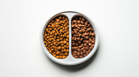 Dry food for cats in a divided feeding bowl, isolated on a white surface with clear contrastの素材