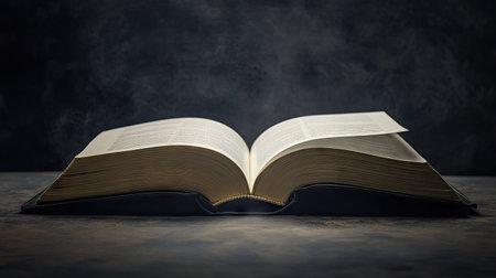 Elegant open book with smooth white blank pages contrasting against a deep shadowed backgroundの素材