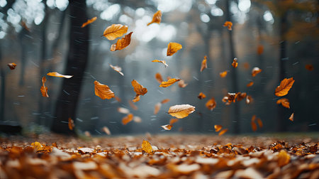 Dry autumn leaves swirling through the air on a blurred forest background, captured mid-motionの素材