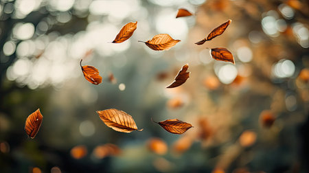 Dry leaves in flight, captured with shallow depth of field and bokeh backgroundの素材