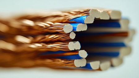 Cross-section of stranded copper cable showing inner conductor strands and outer insulation layersの素材