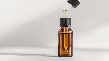 Dropper dispensing serum into bottle, clean clinical aesthetic with white backgroundの素材