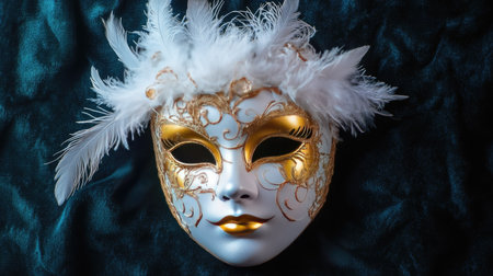 Elegant carnival mask with gold accents and delicate feather plumes isolated on a dark velvet backgroundの素材