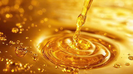 Dynamic splash of golden oily liquid with tiny drops suspended in soft light, perfect for cosmetic or food conceptsの素材