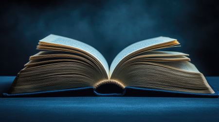 Empty pages of an open book spread wide, isolated on a smooth dark background with gentle highlightsの素材