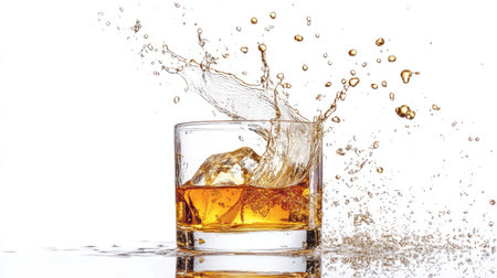 Dynamic photo of whiskey being poured causing a splash in a transparent glass on a white backgroundの素材
